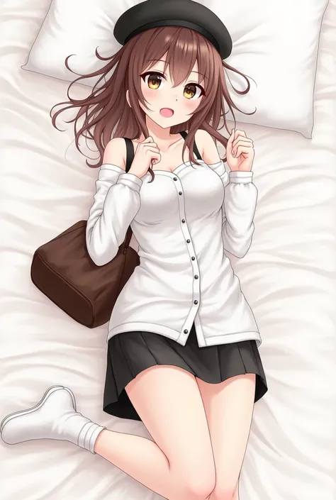 an attractive anime girl with brown hair and expressive eyes, wearing a white off-the-shoulder blouse and a short black skirt. She wears a black beret and carries a leather bag, conveying a modern and casual style. She is lying on a bed with her ass up and...