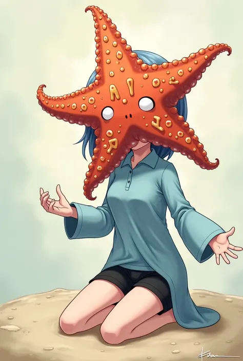 girl, anime,  boxer shorts color black, blue long polo ,  a large starfish replaces their head, kneeling, with arms outstretched,  outstretched hands , The hands make a gesture of asking, The hands make a gesture of asking