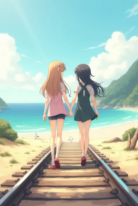 Two anime girls walking along train tracks holding hands near the beach