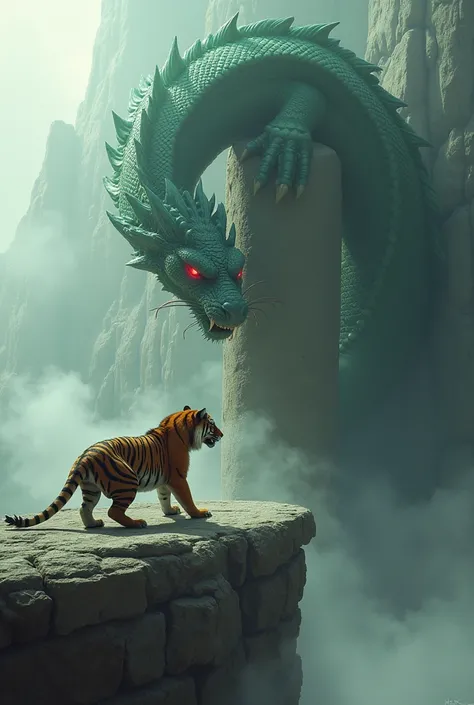 A massive tiger and a dragon face each other on an ancient, misty mountain ledge. The tiger stands with its powerful, striped body low, eyes glowing with intensity, as it faces the dragon. The dragon, with emerald scales and blazing red eyes, coils around ...