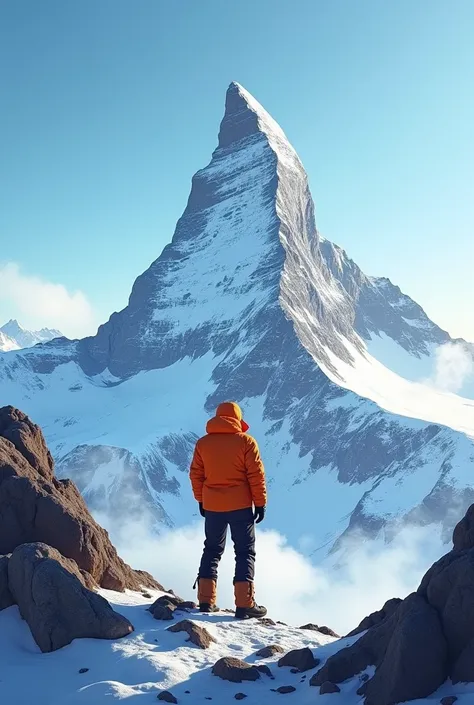 A mountaineer with an orange jacket looking at the snowless Matterhorn with a blue sky