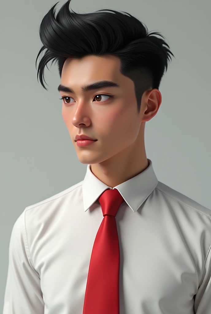  Young male with sharp face , light brown color , no beard,  short hair brushed sideways and in black color,  thick eyebrow with white dress shirt . and red tie 