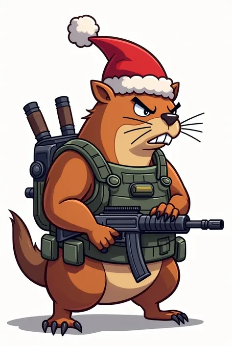 Cartoon style of a capybara in profile with Christmas cap on transparent background, She must be armed and wearing a vest with an angry face .  high resolution image. 