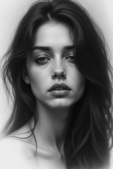 Drawing with graphite technique , De Mujer Triste ,  apply lights and shadows realistically through gradients and subtle lines,  use of blurs and pressure variations in the pencil to create an effect of volume and texture in the hair and face.