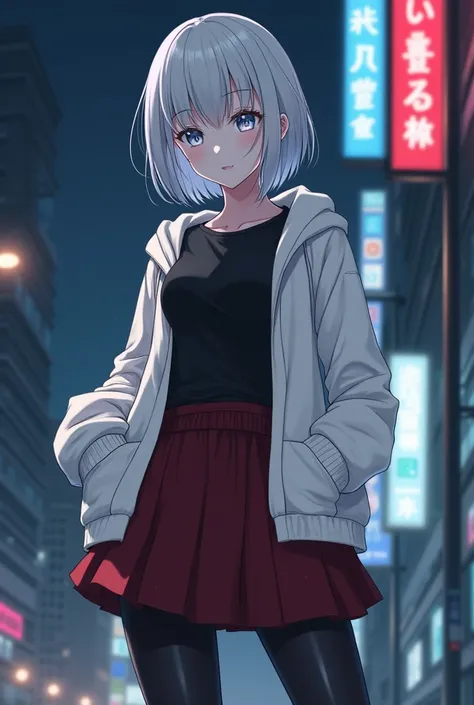 Mouse-colored hair , short hair,Silver Eyes,cool,Handsome Girls,Androgynous,Dignified,High school girl, Beautiful Girl,Pure white skin,Graceful,Flexible, tall,Black long sleeve T-shirt, wearing a white hoodie over a t-shirt, dark red skirt , black tights,B...