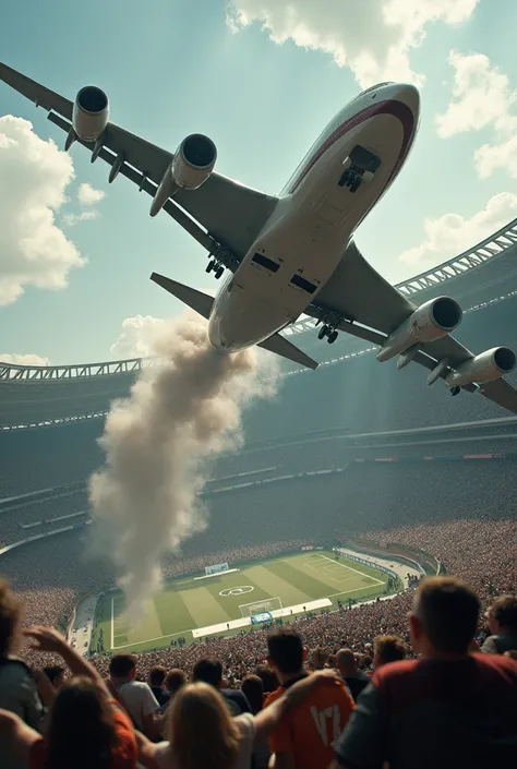 A airplane is crashing down to a stadium