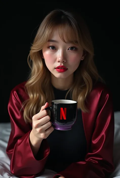  Realistic face of a Korean woman with shiny brown oily skin    , Oriental black eyes      ,  Voluminous lips with lip gloss   ,   long blonde hair with bangs wearing a beautiful long sleeve blouse with colors black and
Red and the Netflix logo
black backg...