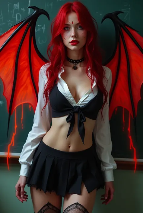  Beautiful white woman with freckles on her face and freckles on her breasts model Hyperrealita ,  with long blood-red hair ,  violet eyes, sexy and provocative red mouth ,  with two wings intense red demon wine with a trail of red flames and black flames ...