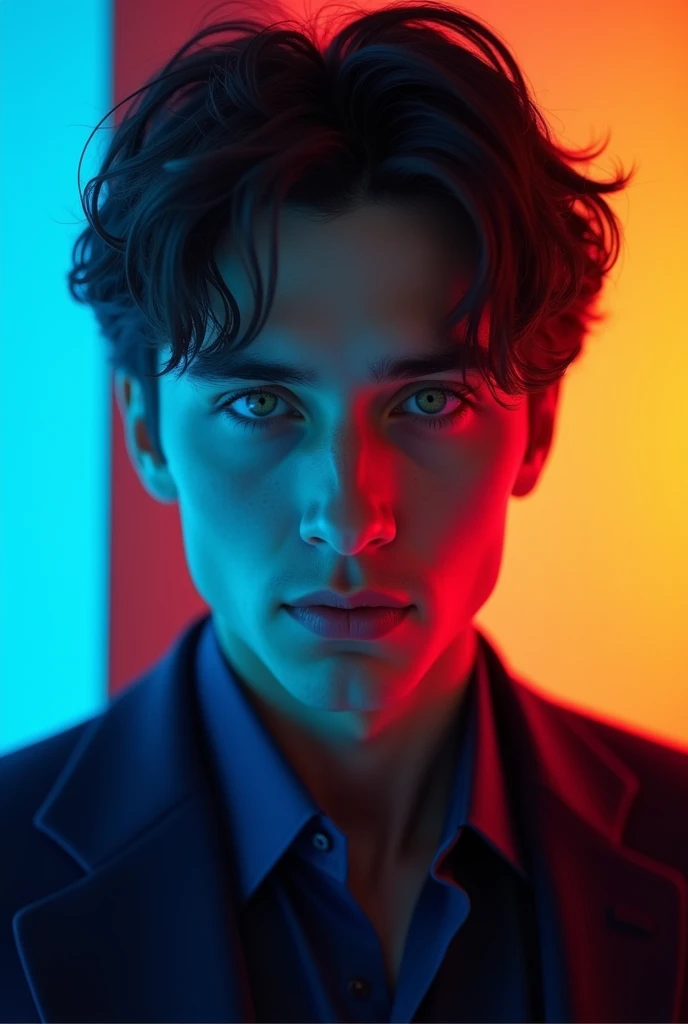 Take a picture of a young white man/teenager with straight/wavy black hair and green eyes. He is wearing a smart dark blue suit. In relation to the background, make a color gradient on this scale: 60% blue 30% red 10% yellow Note: The background colors sho...