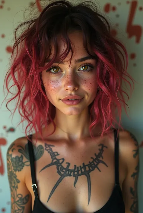 Teenage girl with tattoos, curly hair and freckles all over her body 