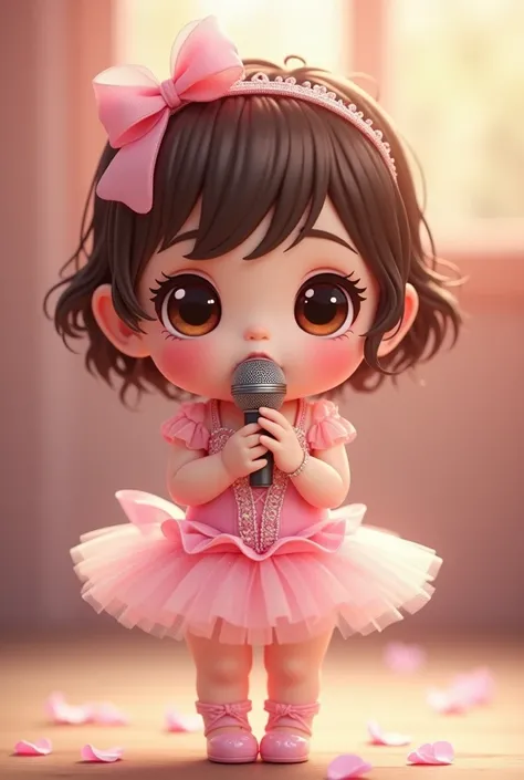 
Kawaii-style chibi A cute and adorable baby with dark brown eyes.,  brown hair wearing a Kawaii-style chibi ballet dancer costume  .,  cute pink ballet dancer costume , cute costume , She holds a microphone in her hand . Está de pie vista frontal muestra ...