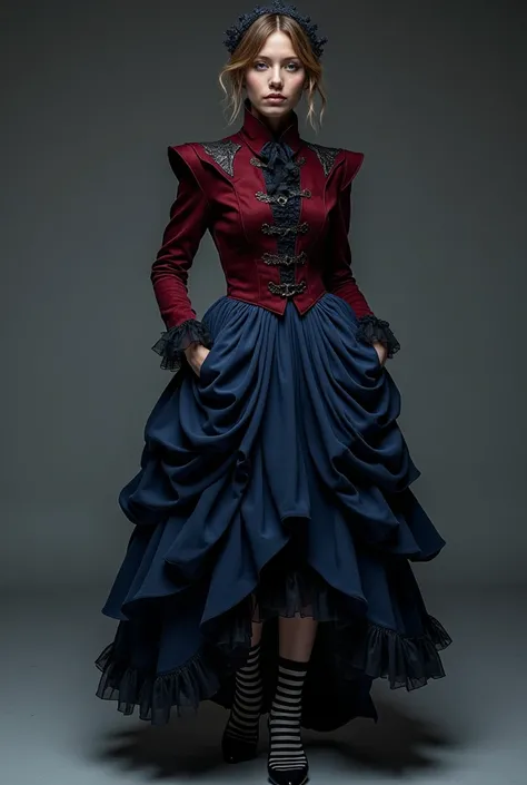 A witch costume with burgundy pointed shoulders jacket with high neck and a dark blue midi skirt with ruffles and striped socks 