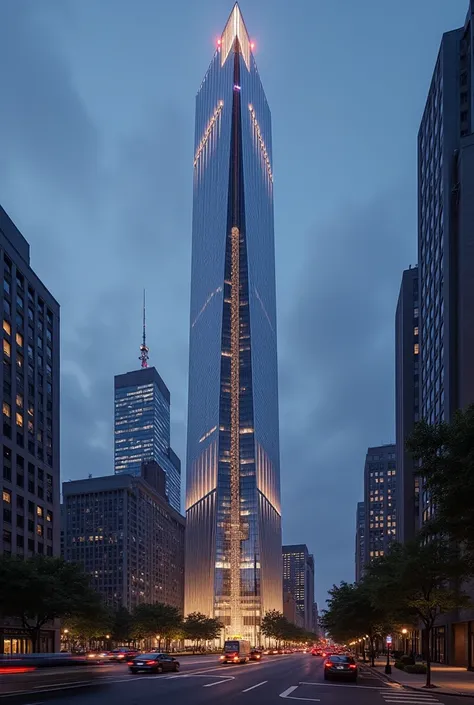 Make a 130 story skyscraper in NYC that has huge windows and that has long tiles that light up at night. Make it thinner and make the top into a pyramid like shape(only the top though). Make it more thinner and make sure the antenna at the top is a differe...