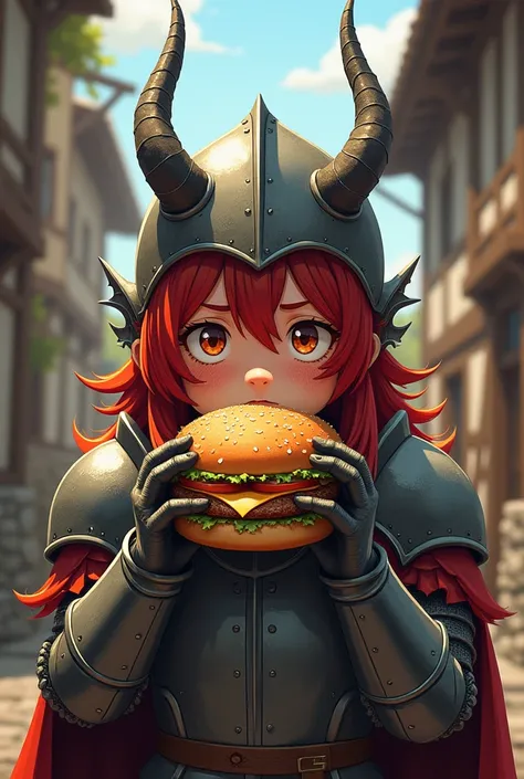 Boy with freckles, armor,  long red hair and helmet with dragon horns eating a hamburger in the middle ages.  The helmet darkens half of his face . Style similar to the anime 