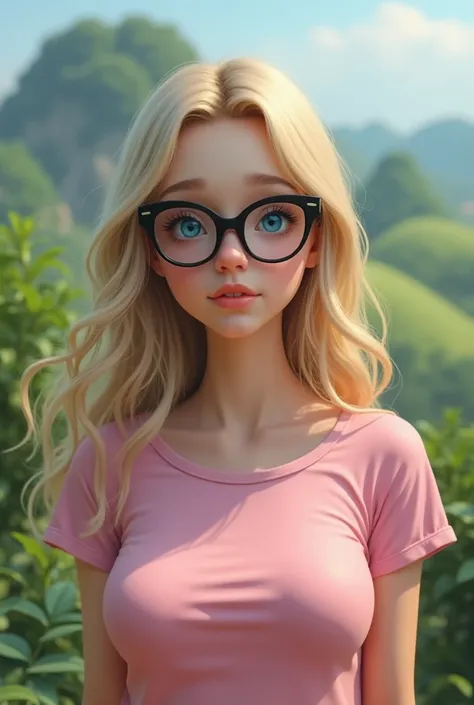 (((Ultra realistic, ultra detailed))), teenage female, simple appearance with long blonde hair above her shoulders, light skin, blue eyes, pink t-shirt, (massive bust), ((huge oversized cat-eye glasses)), outdoors nature