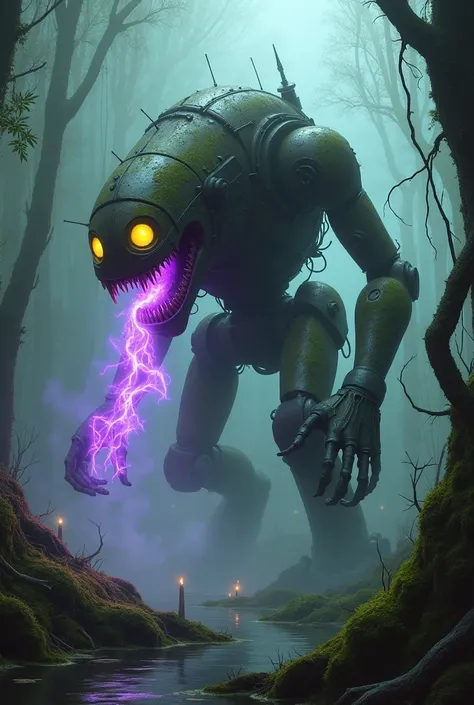 A hungry robot falling apart hunts humans to feed, his eyes are yellow and theres a purple fire coming out of his mouth. The scenario is a swamp with fog and fireflies