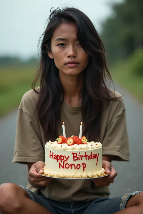  beautiful Indonesians .  a chick wearing a ripped and dull oversize t-shirt like a scavenger .and Long Haired random random .  she was sitting in the middle of a country road and Megang big birthday cake bearing the name Happy birthday Nonop. real real 