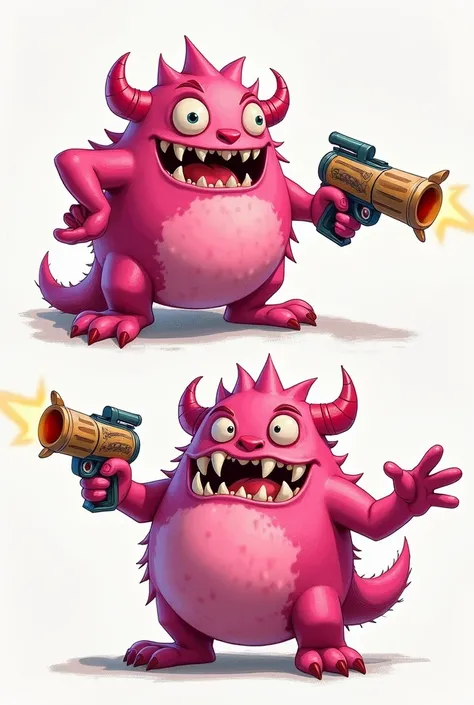 You can create a pink monster in comic style colored pencil by performing different actions such as a pose with your hands on your hips another with guns in your hand 