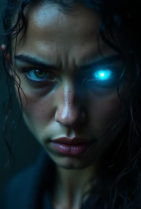 Close-up of a persons face, sweating and intense, with a mystical light in their eyes that shows determination, high-definition 8K photography, dark and dramatic atmosphere, powerful expression