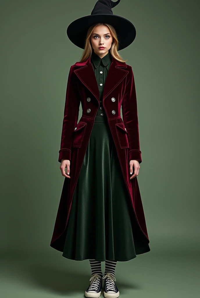 A witch costume with burgundy  pointed shoulders velvet jacket with closed neck and a dark green midi skirt with hoop and striped socks and all star shoes