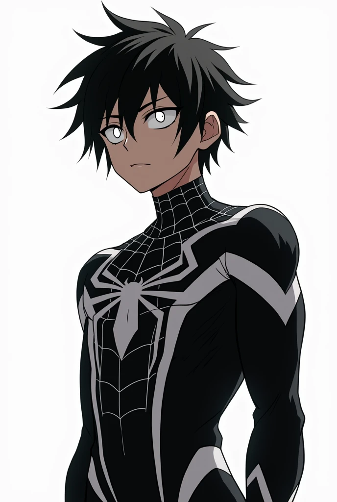 Spiderman black anime version black hair and white eyes abdomen white background 
teenage