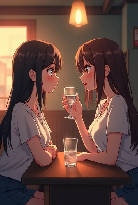  A woman speaking with a sincere expression and another person listening to her, reflecting empathy in her eyes , sitting in a bar drinking water . in anime style, HD and in 9 :16
