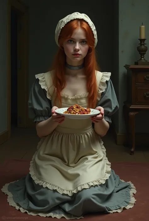 A redheaded woman wearing a Victorian apron and a head covering and a slave collar kneels on the floor offering a plate of food while looking toward the viewer.