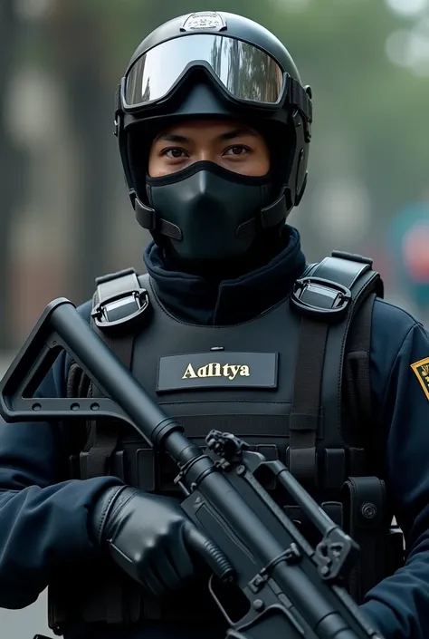 One Indonesian policeman wears a mask and holds a weapon and a brand of Armor "Aditya"