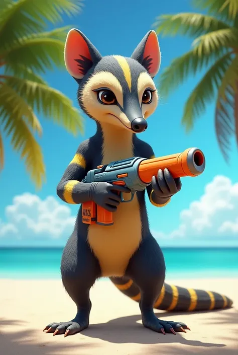 A FLAG ANTEATER ON THE BEACH HOLDING A WATER GUN WITH REAL-LIFE FEATURES