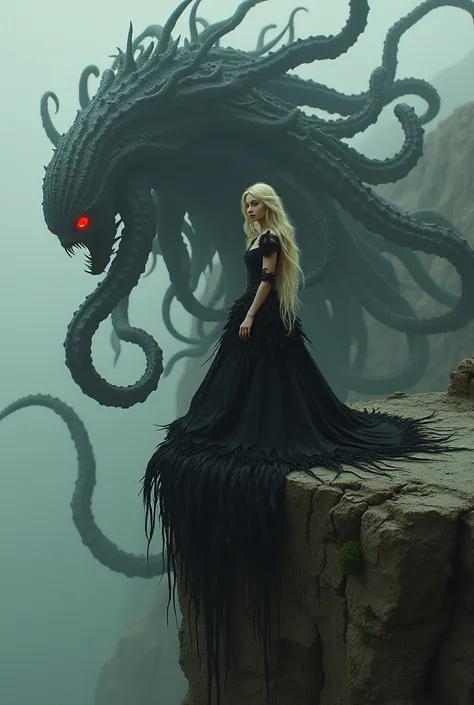  Create an image of a monster made of tentacles and black-blooded skin melting on top of a cliff with a beautiful red-eyed woman, blonde hair falling off the cliff wearing a black feather dress  