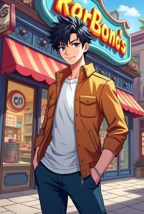 Male anime character outside a webtooon-style store