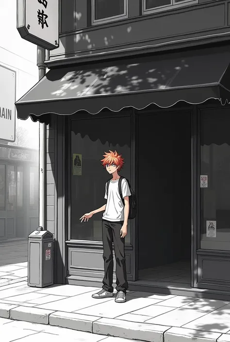 Male anime character outside a black and white store