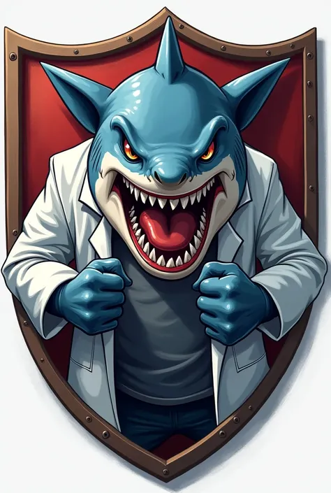  A mascot from health courses on a shield, An angrily faced shark wearing a lab coat. 2d realistic