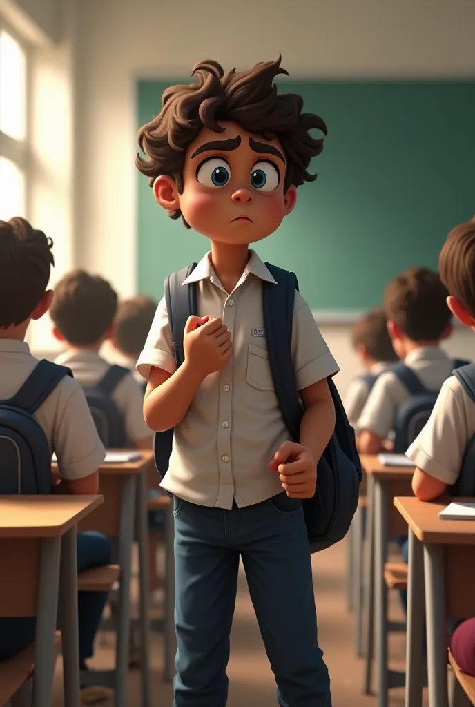 Tall boy ,  irritable behavior , dark complexion , brown curly hair,  with school uniform, spitting out a backpack from his classmate in a classroom  