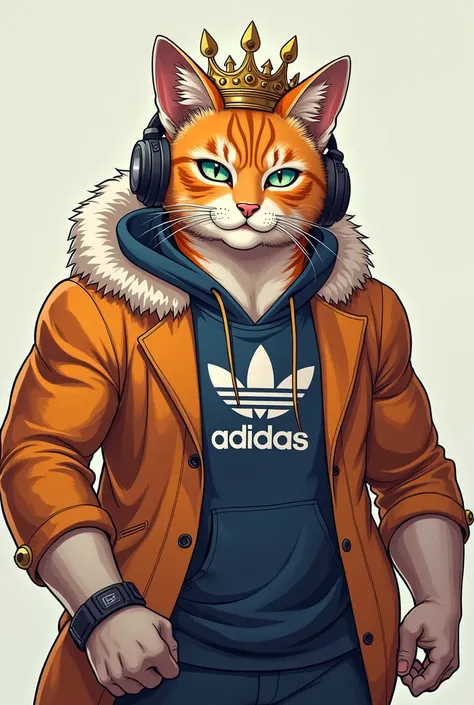 MUSCULAR CAT LISTENING TO MUSIC WITH HEADPHONES WITH AN ADIDAS SHOT AND HIS ADIDAS T-SHIRT AND A CROWN ON HIS HEAD SUPER SAYAYIN 4