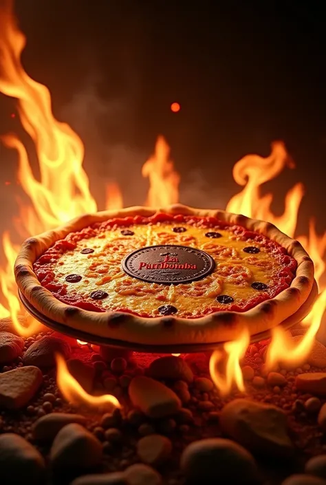 A pizza set on a flame with the logo that says LA PARRIBOMBA inside the pizza 