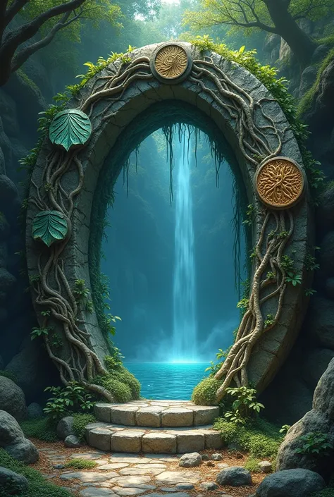 The magic portal is an imposing oval shape of stone ,  intertwined with roots and ancient vines ,  that seem alive and move smoothly as if they were pulsating with magical energy . . At the edges of the portal, it is covered by bright symbols that represen...