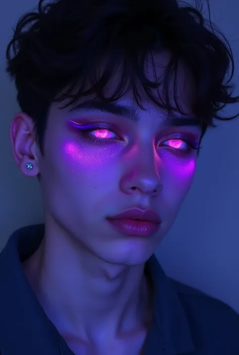 Make a teenage boy purple eye shadow and mouth glowing purple