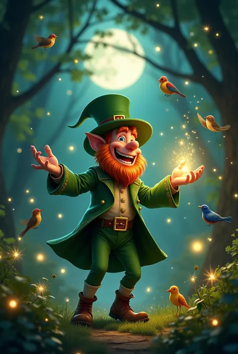 A leprechaun singing to fireflies and birds on a dark night 

