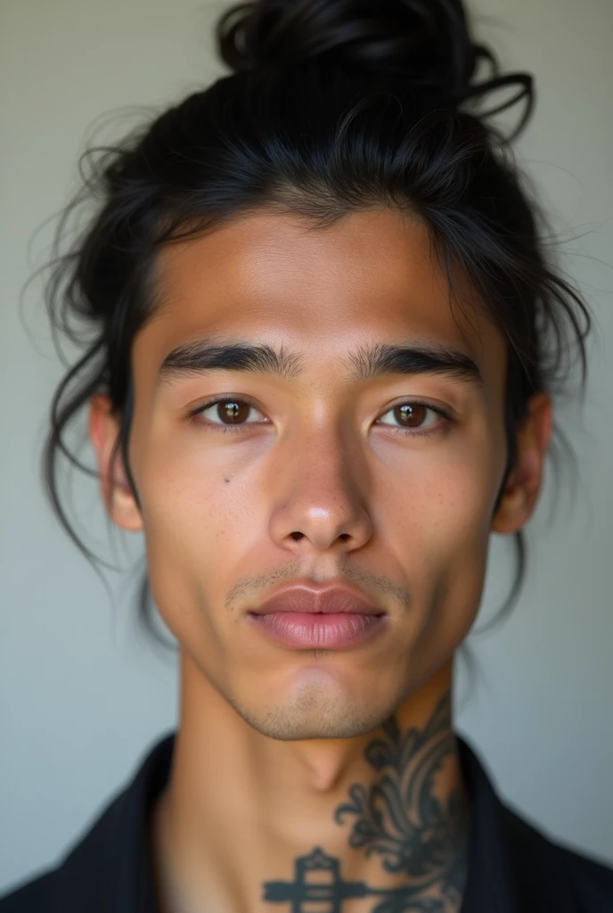 photography, young Hispanic male perfection, 22 ans, closed chin, full lips, Roman nose, messy bun black straight hair, hazel brown eyes, tan skin, neck tattoo, wearing black top, hyper realistic, symmetrical face, 8k --v4