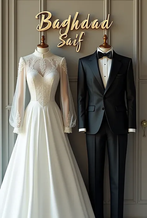 Heres the refined description focusing only on the wedding dress and grooms suit as the background elements, without additional accessories:

1. Names: Display the names "Baghdad" and "Saif" prominently at the top or center of the image, using an elegant, ...