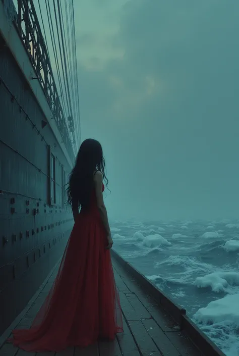 A girl in a red dress with long dark hair aboard the Titanic is surrounded by dusk and fog and ice