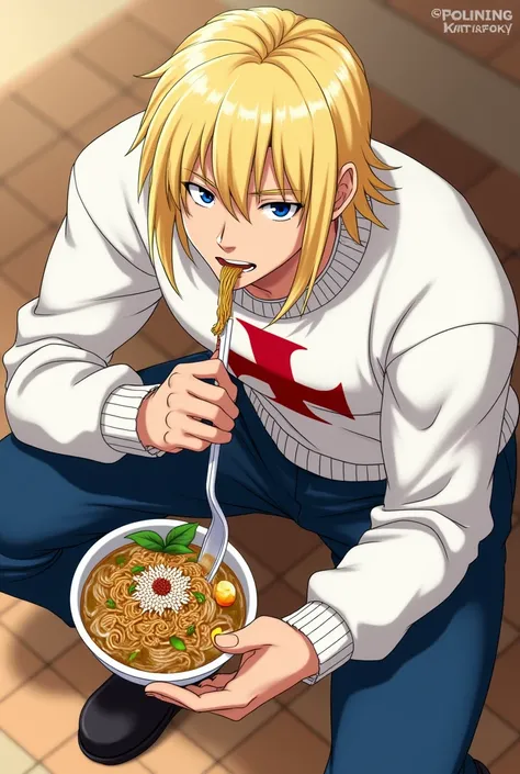  Draws a boy eating noodles ,  the boy has a muscular and athletic appearance , It is high,  his hair is blonde a little shoulder length ,  blue eyes and he has white skin .  he wears a white sweater with a red cross  ,  blue pants and black shoes is Natsu...