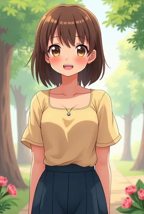  You could generate an image of a fair-skinned teenager with smooth brown hair, brown eyes , wearing a school uniform like the one in Venezuela, I mean a beige short-sleeved chemise-style blouse and wide dark blue pants,  smiling, anime style with spring b...