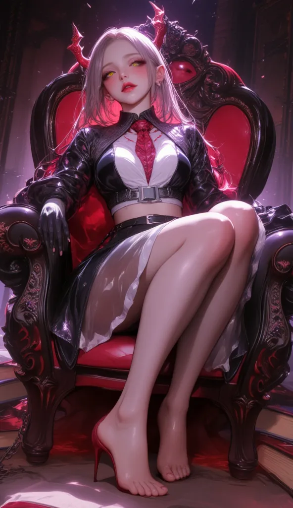 1girl,gal,masterpiece,high quality,Devil Girl,Long blonde,Angled,With fangs,Yellow Eyes,Sitting on the throne,Top with,Rebel clothing,Transparent skirt,Detail of books on the floor,chain