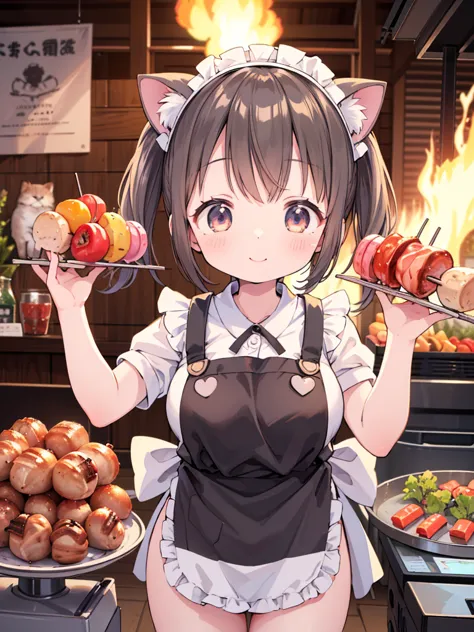 (masterpiece, ultra-detailed, best quality, clear focus, dramatic scene, cinematic), shadow, (ultra-high resolution, 8k), perfect anatomy, perfect face, (detailed face, detailed eye), cute Japanese girl, famous Japanese idol, very beautiful and cute and cool face, dynamic pose, dynamic angle, (wearing a cute pastel colored tee with apron:1.3), short curly-haired, (very large breasts), happy smile, she looks so fun, (She is grilling Skewered meat with vegetables on a charcoal grill at outside:1.3), (The striped patterned giant cat is looking at skewers, striped patterned giant cats, detailed cute giant cat:1.3)