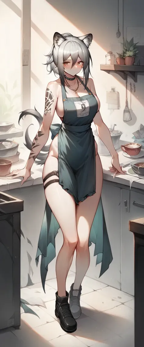 Schwarz(Arknights),long grey hair,animal ears, blushing,curvy body,SFW, wearing apron only, gently smiling,more details,full body tattoos, midnight setting,solo focus