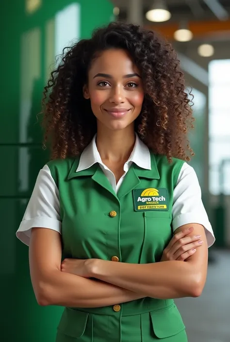 Sea, I want an image of a female production manager with curly hair from a fertilizer company, wearing professional clothing ,  whose uniform is green and white and must include the name of the company  "Agro tech" With a badge written by Raena Mesquita 