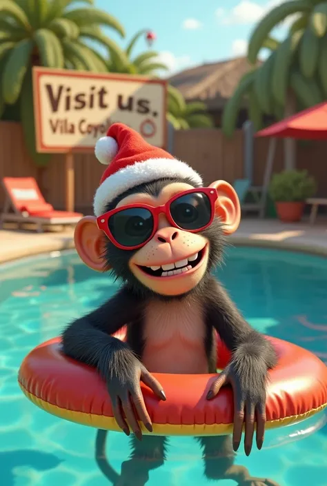 Happy Congo monkey wearing sunglasses ,  with Santas hat on a float in the pool next to a Villa Coyolito sign inviting you to visit us