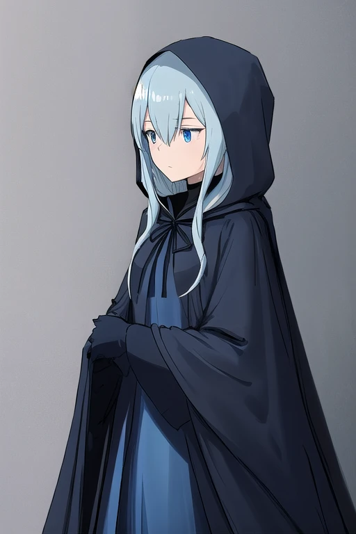 a drawing of a woman in a blue dress with a hood on, concept art inspired by INO, deviantart contest winner, conceptual art, shrouded figure, gothic wraith maiden, cloaked woman, mysterious figure, dark cloaked figure, hooded figure, wearing a flowing cloa...